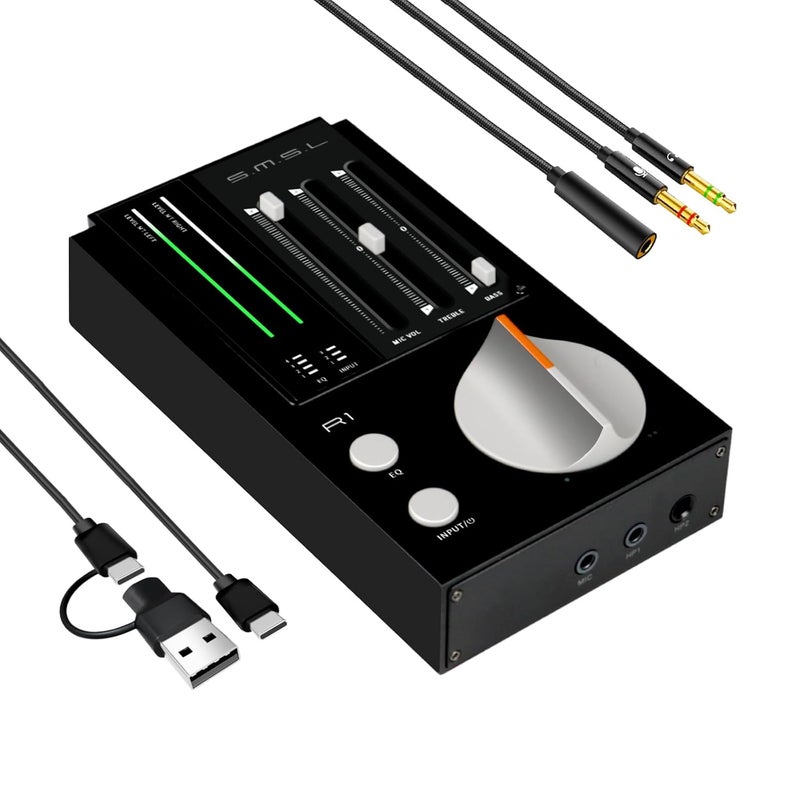 AOSHIDA SMSL R1 DAC Headphone Amplifier, Desktop USB C Digital to Analog Audio Converter for Gaming PC PS5, Microphone/USB/Opt/Coax Input 3.5mm/4.4mm Balanced/RCA Output, EQ Mode/Bass/Treble Adjust, Black - Image 1